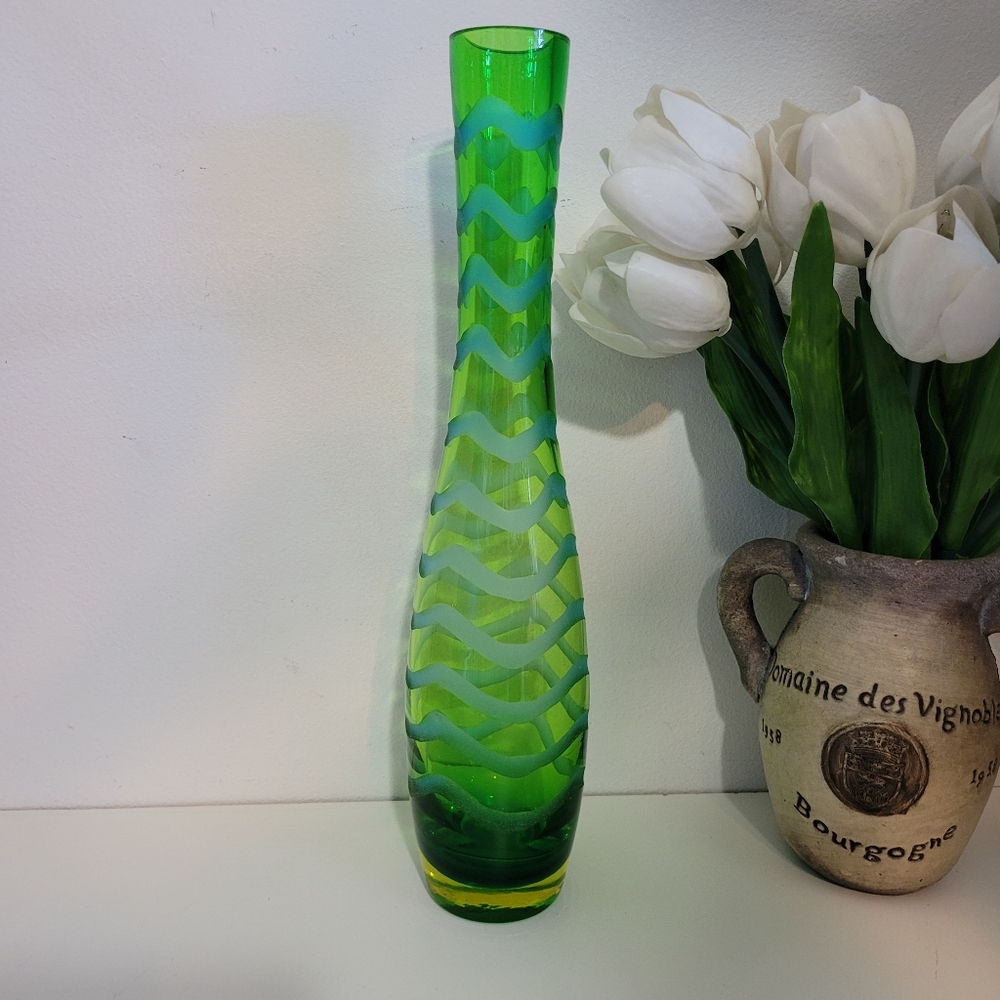LSA Etched Wavy Green Glass Vase